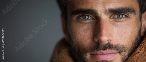  A man with blue eyes gazes intently into the camera, his expression serious He wears a brown scarf around his neck