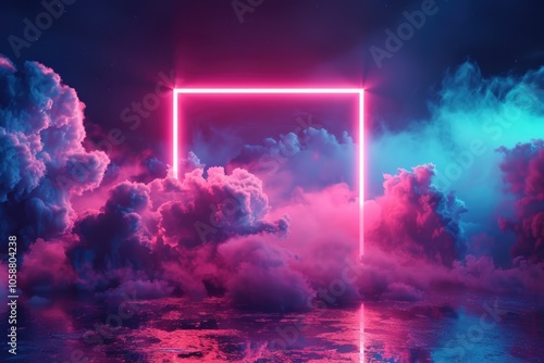 Neon Geometric. 3D Render of Pink and Blue Neon Light Square Frame on Abstract Minimal Background photo