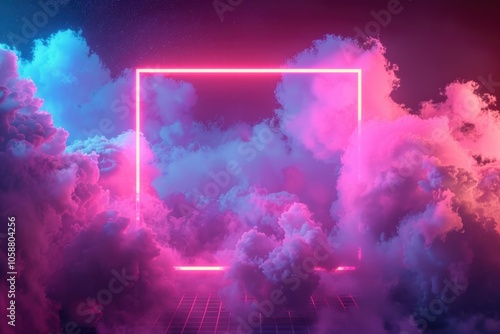 Neon Geometric. Three-Dimensional Rendering of Glowing Square Frame in Stormy Clouds photo