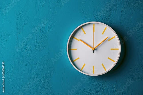 Wallpaper Mural New Time. Close Up Image of White Wall Clock with Yellow Second Hand on Turquoise Blue Background Torontodigital.ca