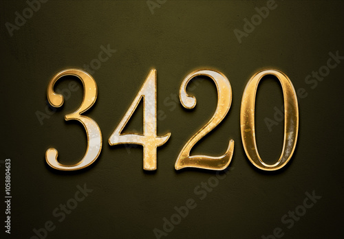 Old gold effect of 3420 number with 3D glossy style Mockup. 