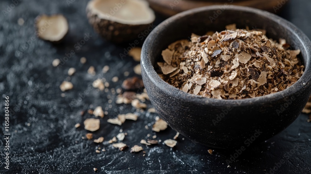 Close-up image of finely chopped truffles, complemented by truffle-based products, inviting you to experience the luxury of truffles in every delectable dish. Photo style with ample copy space. Close-up image of finely chopped truffles, complemented by truffle-based products, inviting you to experience the luxury of truffles in every delectable dish. Photo style with ample copy space.