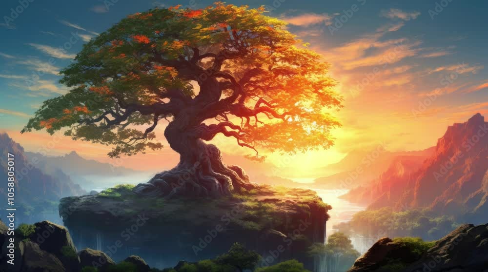A beautiful scenery with a large tree and a river. 4K animated video