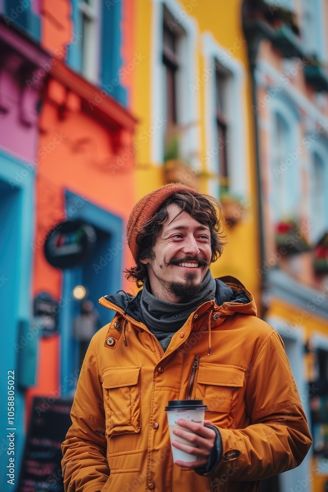 A person standing near a vibrant and lively building, perfect for illustrations about architecture, urban life or pop culture A person standing near a vibrant and lively building, perfect for illustrations about architecture, urban life or pop culture