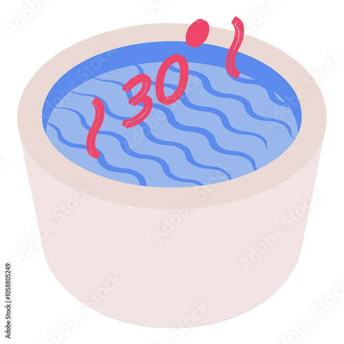 Wash care labels isometric concept, bucket with 30 inside and suggests the maximum temperature vector icon design, Housekeeping symbol, Home cleaning sign, Janitorial and Sanitation stock illustration