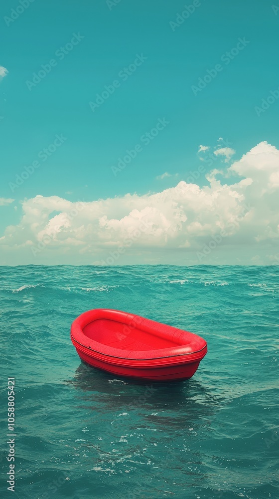 Red Inflatable Boat Alone on Blue Ocean Minimalist Concept Red Inflatable Boat Alone on Blue Ocean Minimalist Concept