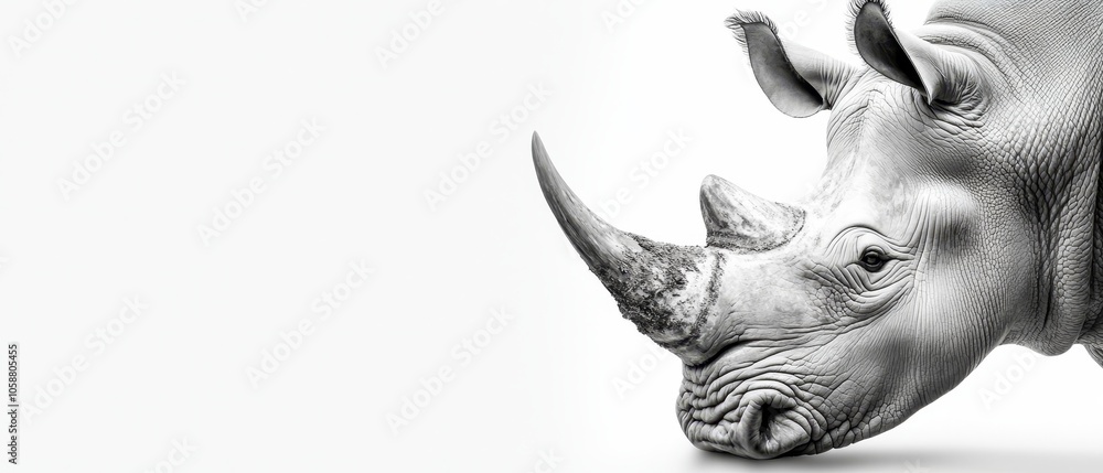 A tight shot of a rhino's head against a white backdrop Contrastingly, a black-and-white rhino head image A tight shot of a rhino's head against a white backdrop Contrastingly, a black-and-white rhino head image