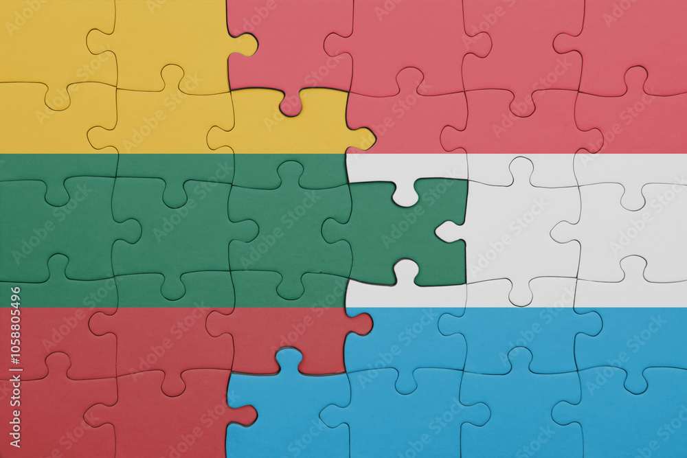 puzzle with the colourful national flag of lithuania and flag of luxembourg . puzzle with the colourful national flag of lithuania and flag of luxembourg .