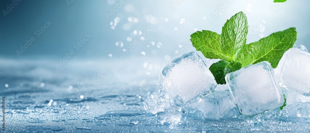 A tight shot of ice cubes One cube sports a protruding green leaf A tight shot of ice cubes One cube sports a protruding green leaf