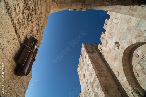 Large, iron mezuzah affixed to the Jaffa Gate entrance to the Old City of Jerusalem. photo