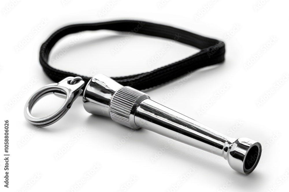 A metal whistle attached to a black leash on a white surface A metal whistle attached to a black leash on a white surface