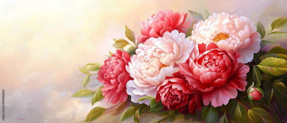 A painting of pink and white peonies against a yellow and pink backdrop, their green leaves contrasting softly under gentle light A painting of pink and white peonies against a yellow and pink backdrop, their green leaves contrasting softly under gentle light