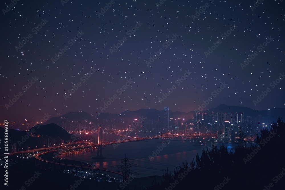 A cityscape at nighttime with a clear view of the stars in the sky, perfect for use in urban and celestial-themed designs A cityscape at nighttime with a clear view of the stars in the sky, perfect for use in urban and celestial-themed designs