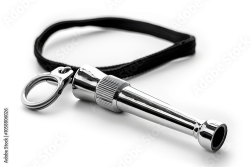 A metal whistle attached to a black leash on a white surface