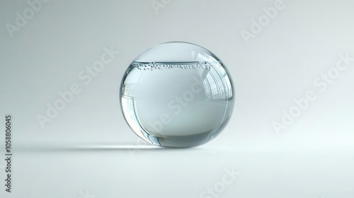 isolated drop of crystal-clear water suspended in mid-air, reflecting delicate light patterns, representing purity and clarity against a plain white background