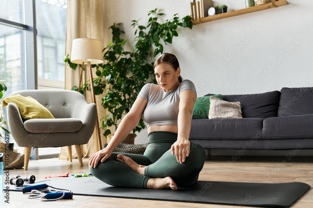A sportive woman engages in a home workout, practicing yoga while focused on her exercise routine. A sportive woman engages in a home workout, practicing yoga while focused on her exercise routine.