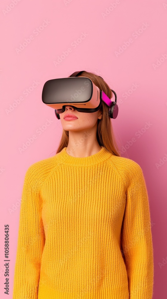 Woman Wearing VR Headset Futuristic Technology Virtual Reality Pink Background Woman Wearing VR Headset Futuristic Technology Virtual Reality Pink Background