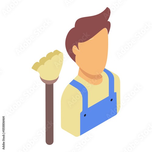 manservant with broom isometric concept,  sweeper or janitor vector icon design, Housekeeping symbol, Home cleaning sign, Janitorial and Sanitation stock illustration