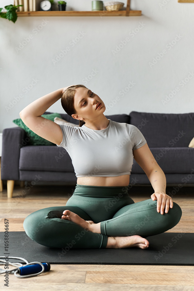 Fototapeta premium A young sportive woman practices yoga at home, focusing on her flexibility and mindfulness during exercise.