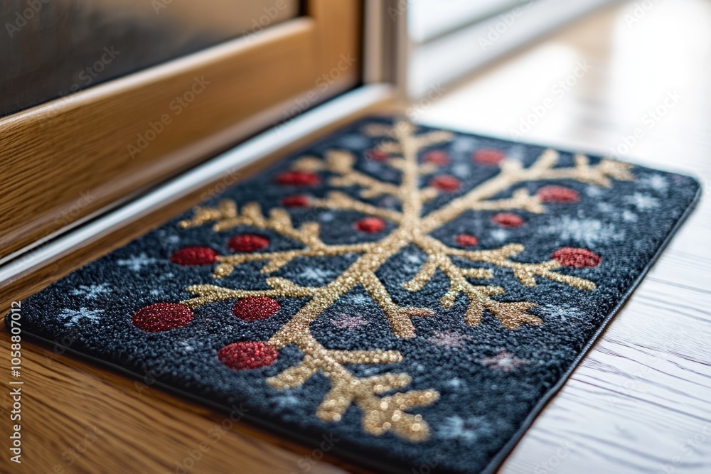 Close-up of a door mat on a wooden floor, ideal for use in interior design or real estate images Close-up of a door mat on a wooden floor, ideal for use in interior design or real estate images