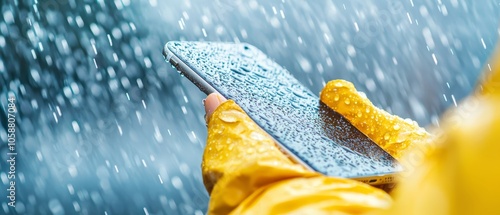  A person, clad in a yellow raincoat, grips a cell phone in hand amidst a torrential downpour photo