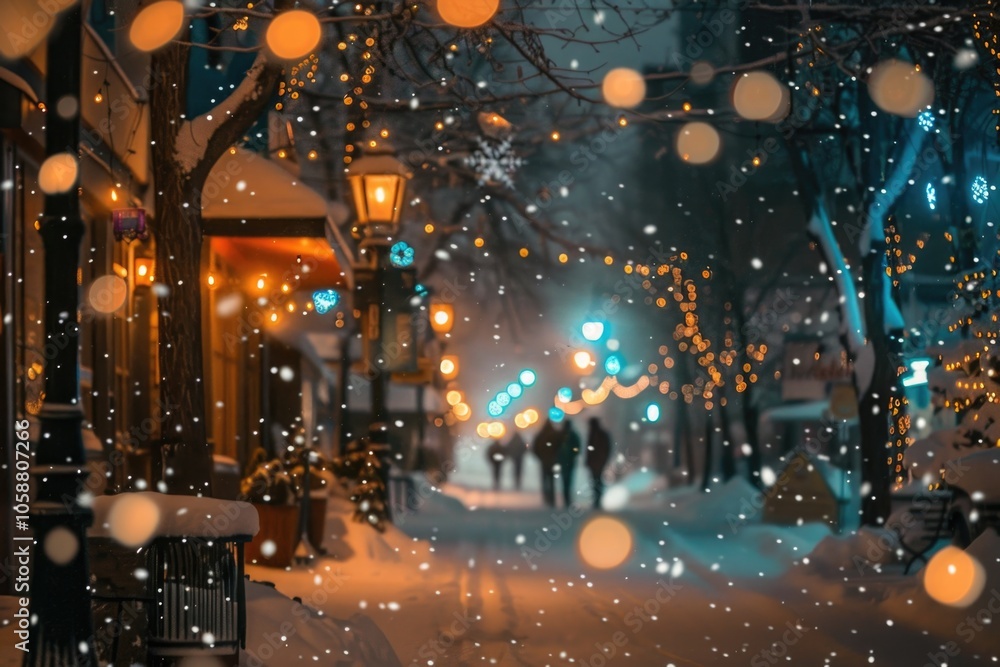 Night scene of people walking on a snowy street, lit by streetlights and moonlight Night scene of people walking on a snowy street, lit by streetlights and moonlight