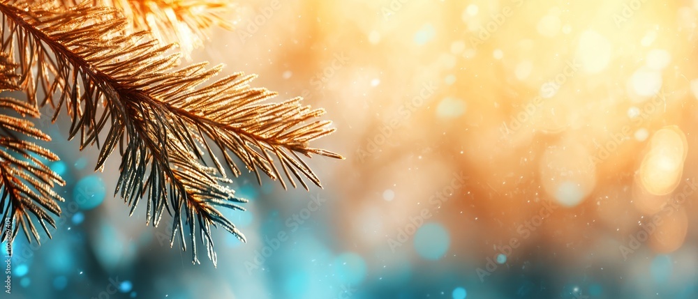 A pine branch in sharp focus, surrounded by a softly blurred backdrop of falling snowflakes A pine branch in sharp focus, surrounded by a softly blurred backdrop of falling snowflakes