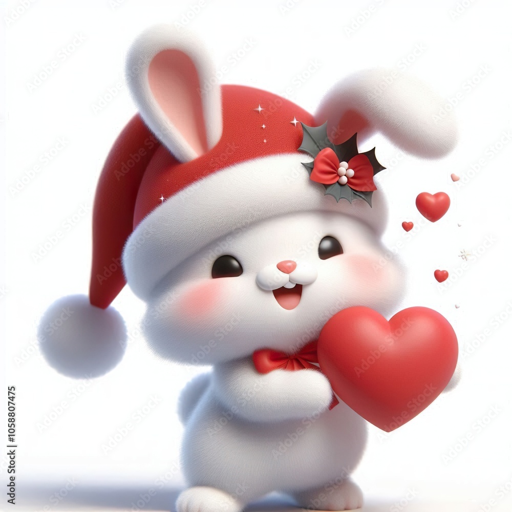 Fototapeta premium 3d Cute fluffy christmas bunny doing mini heart pose, full body, white background
