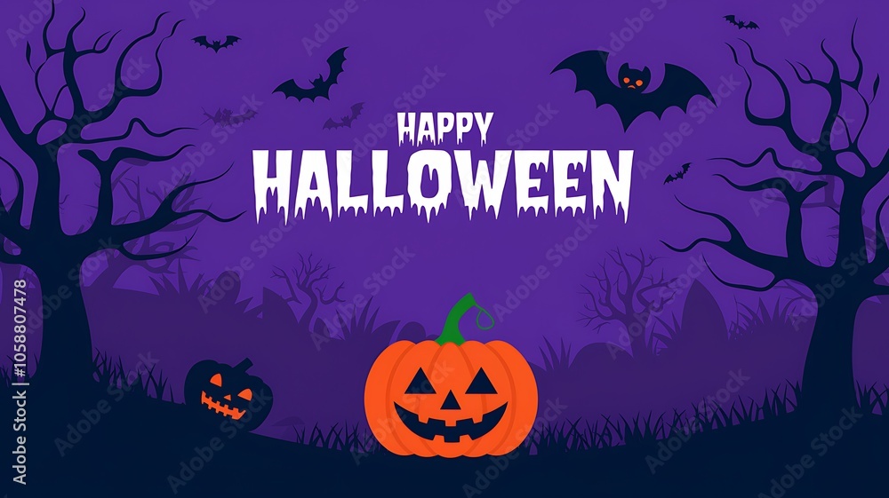 Happy Halloween with Jack-o'-Lanterns and Bats in a Forest Happy Halloween with Jack-o'-Lanterns and Bats in a Forest