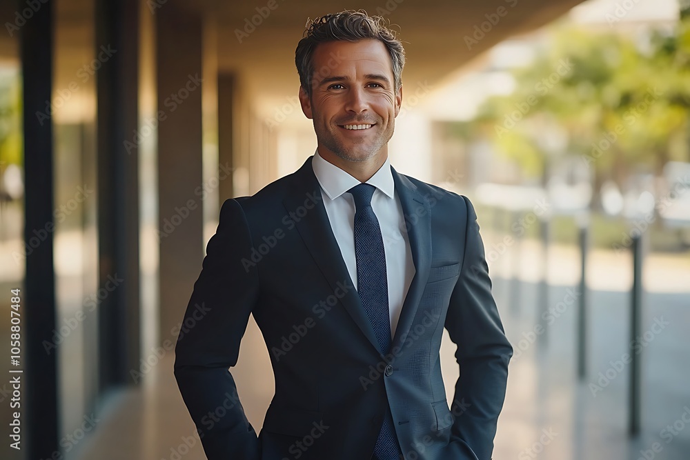 Smiling Businessman in Navy Blue Suit Urban Headshot Smiling Businessman in Navy Blue Suit Urban Headshot