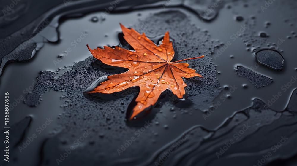 close-up of an orange maple leaf frozen in ice, with water droplets on the surface close-up of an orange maple leaf frozen in ice, with water droplets on the surface