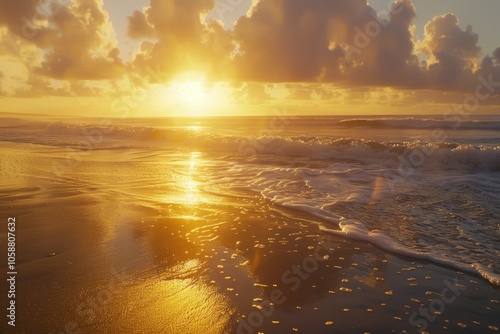 Beach scene at sunset with calm waters and warm light