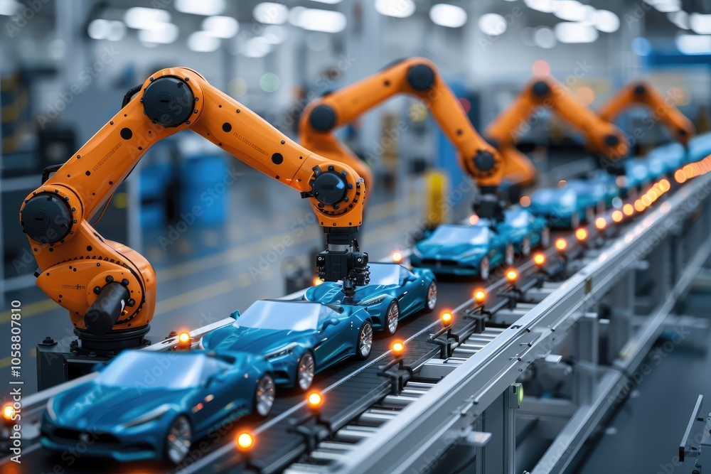 Robotic Arm Assembling Blue Cars on a Conveyor Belt in a Factory Robotic Arm Assembling Blue Cars on a Conveyor Belt in a Factory