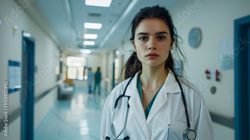 Portrait of a young woman doctor in a white coat standing in a hospital.