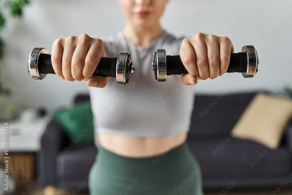 A young woman in active wear engages in a home workout, lifting dumbbells while staying focused. A young woman in active wear engages in a home workout, lifting dumbbells while staying focused.