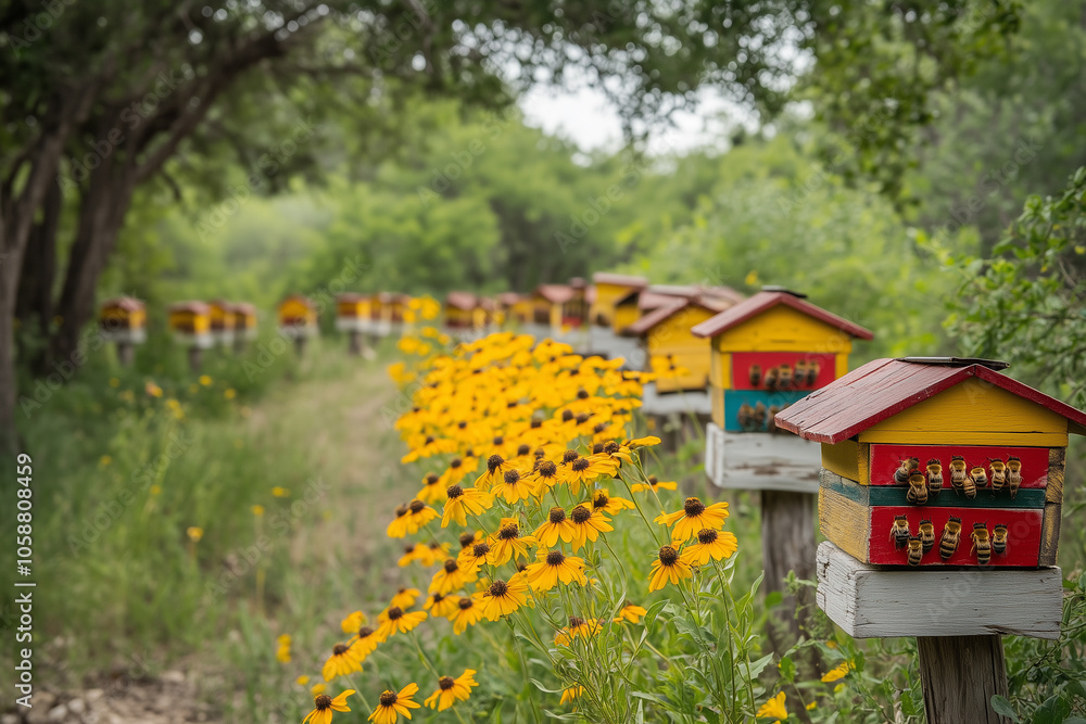 Row of beehives with busy bees and yellow flowers Row of beehives with busy bees and yellow flowers