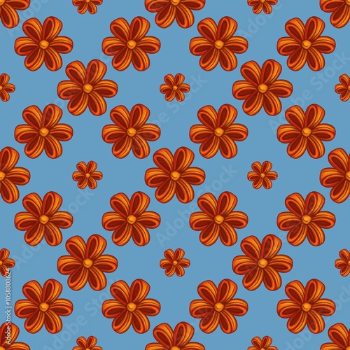 Seamless Pattern Design Red Bow Flower with Blue Background