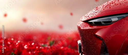  A red car sits in front of a red flower field, its hood dotted with water droplets