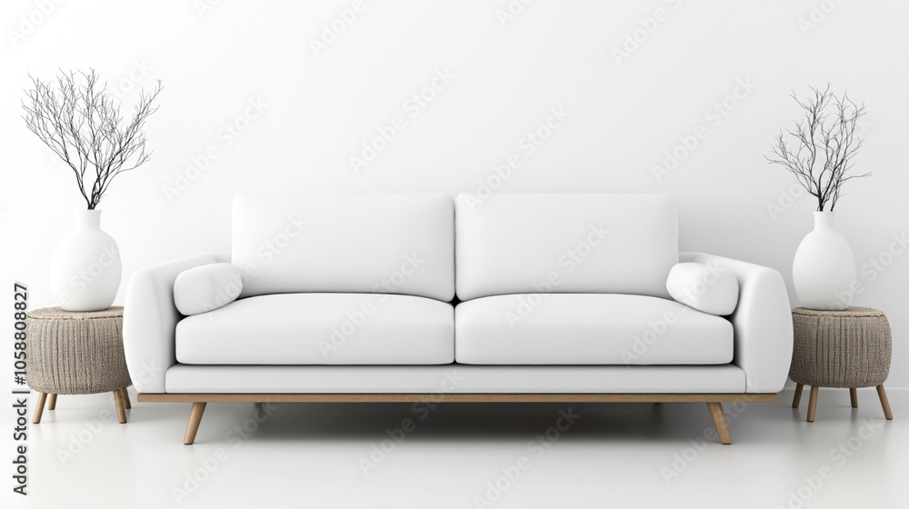 Minimalist interior design with white sofa, round woven side tables, and decorative vases with bare branches in a modern living room setup. Minimalist interior design with white sofa, round woven side tables, and decorative vases with bare branches in a modern living room setup.