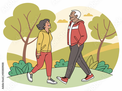 Happy Mature Couple Enjoying a Walk in the Park – Togetherness and Joy. woman portrait mature couple happy together active bonding park outdoor middle-aged man talking 