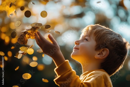 A young boy throws coins into the air, capturing the moment with joy and excitement