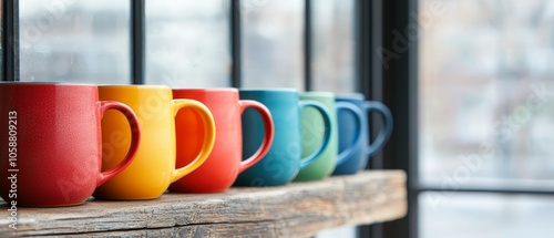  A row of colorful coffee mugs sits on a window sill in front of a large one