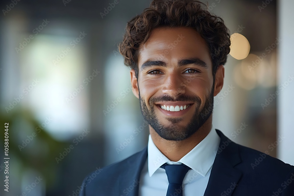 Smiling Businessman in Navy Suit with Confidence and Energy. Smiling Businessman in Navy Suit with Confidence and Energy.