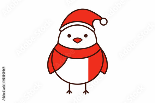  Vector Outline of A cute Robin wearing a Santa clause hat and scarf on white background.