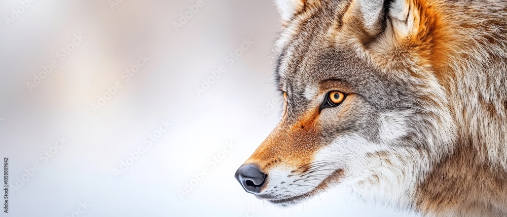 Fototapeta premium A tight shot of a wolf's face displays an orange and black stripe on its left side