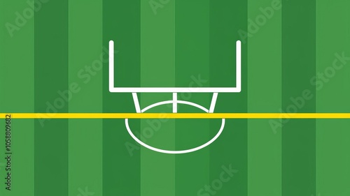 Minimalistic graphic of a football goal with yellow line on a green striped field