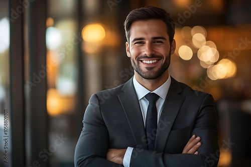 Smiling Businessman in Navy Suit, Arms Crossed, Modern Office