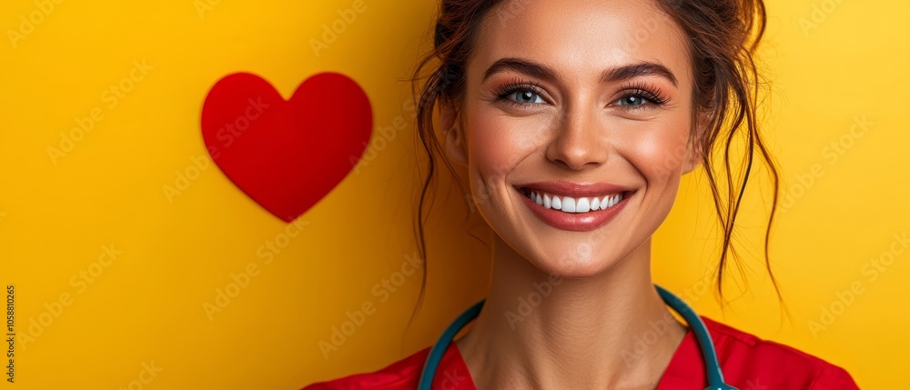 Obraz premium Woman in front of yellow backdrop, holding stethoscope Red heart emblem present