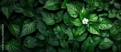  A white flower atop a verdant plant, abundantly leafed and green photo