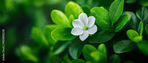  A white flower atop a lush, forest of verdant leaves - teeming with numerous green foliage